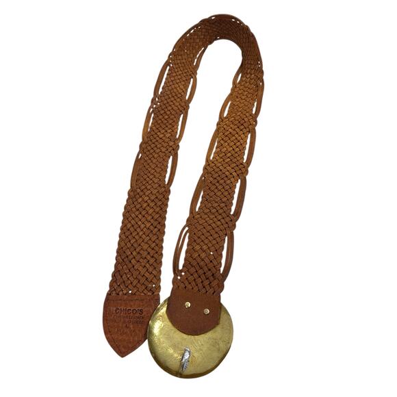 CHICO’S Women’s Boho Vintage Woven Leather Belt L Etched Brass Disc Hook Buckle - Picture 5 of 10